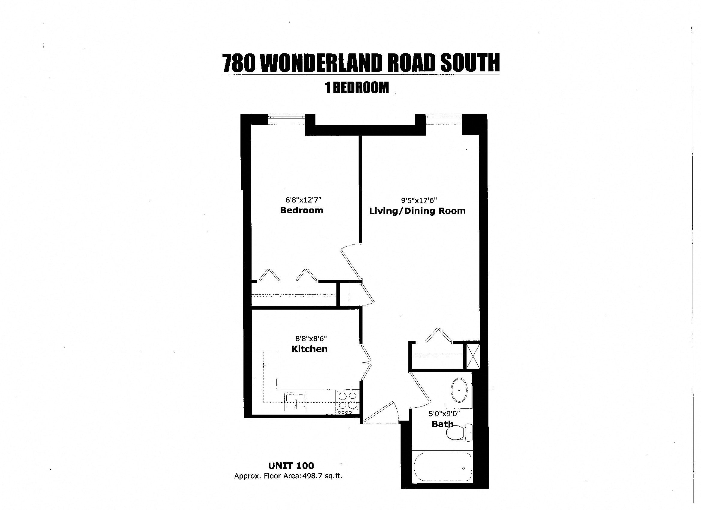 Floor plan for 1 bed, 1 bath, 499 sqft